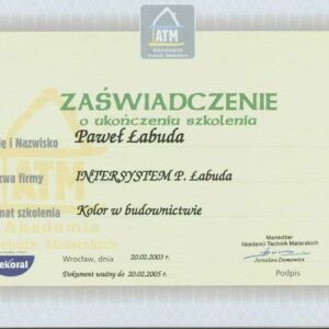 certyfikat szkolenia kolor w budownictwie