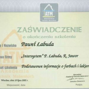 zaświadczenie o szkoleniu dotyczącego farb i lakierów